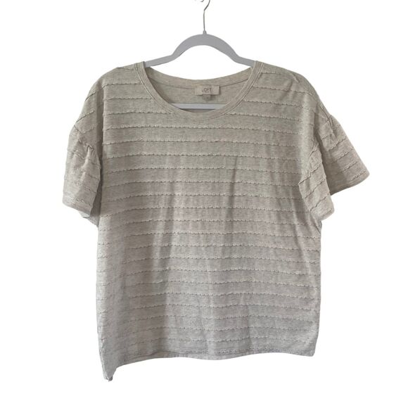 Loft  Short Sleeved Top With Scallop Stripes M Heathered Oatmeal stretch NWOT - Picture 1 of 5